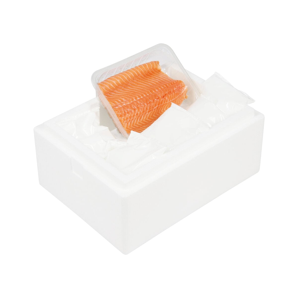 Scatola in EPS con salmone e gel per garantire la freschezza del pesce durante il trasporto